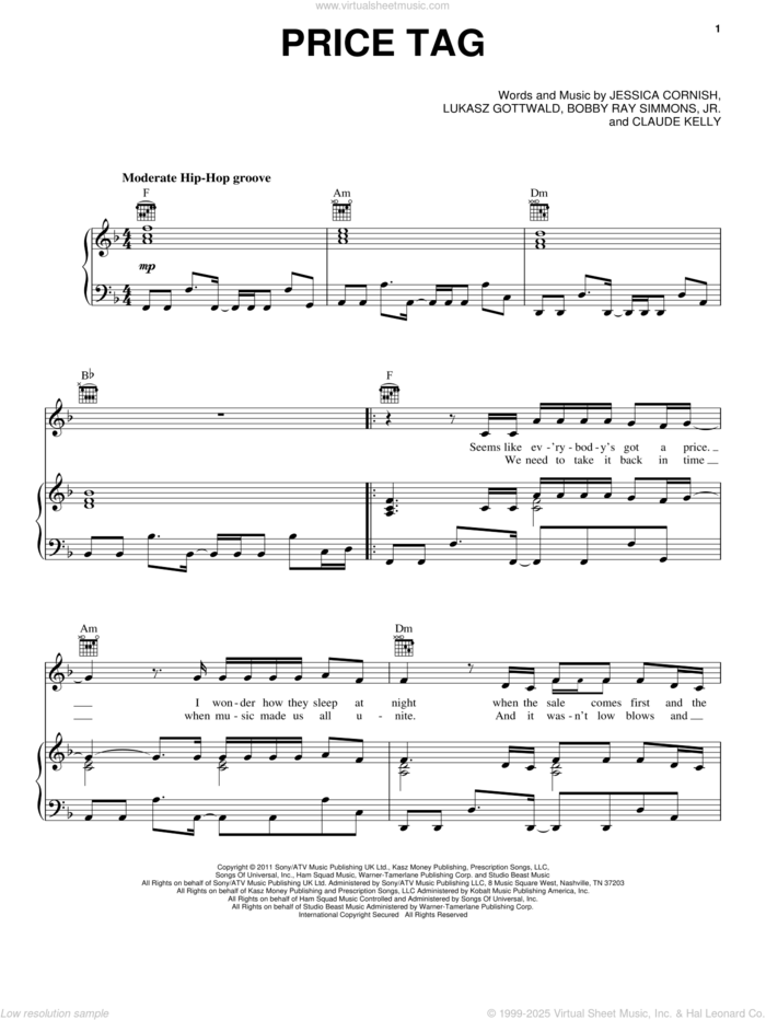 Price Tag sheet music for voice, piano or guitar by Claude Kelly, B.o.B., Jesse J, Bobby Ray Simmons, Jr., Jessica Cornish and Lukasz Gottwald, intermediate skill level