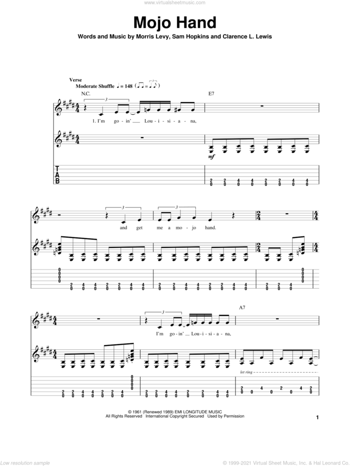 Mojo Hand sheet music for guitar (tablature, play-along) by Sam 'Lightning' Hopkins, Clarence L. Lewis and Morris Levy, intermediate skill level