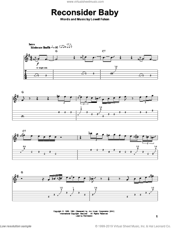 Reconsider Baby sheet music for guitar (tablature, play-along) by Lowell Fulson and Elvis Presley, intermediate skill level