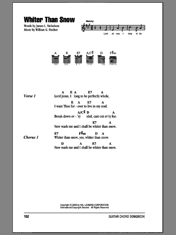 Whiter Than Snow sheet music for guitar (chords) by James L. Nicholson and William G. Fischer, intermediate skill level