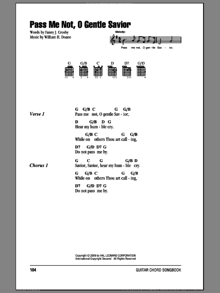 Pass Me Not, O Gentle Savior sheet music for guitar (chords) by Fanny J. Crosby and William H. Doane, intermediate skill level