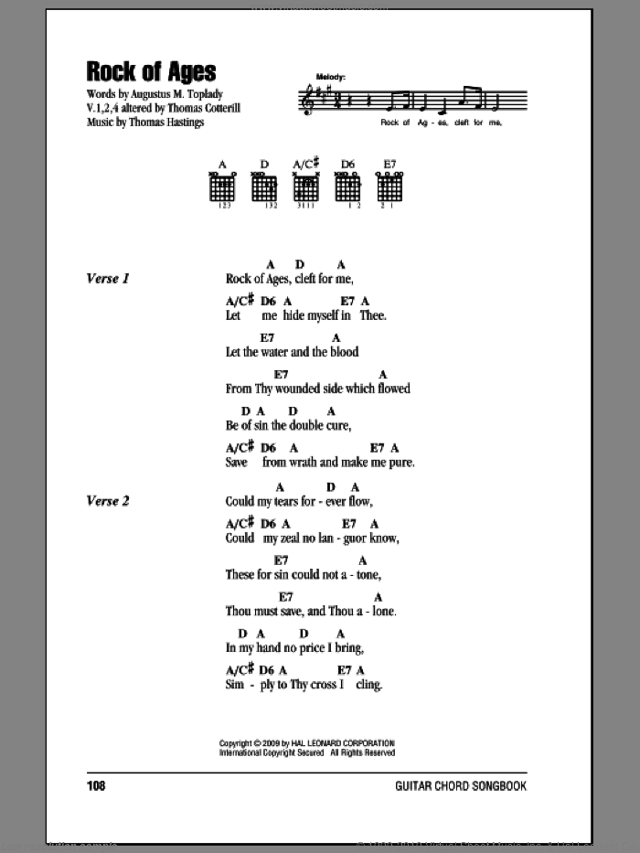 Rock Of Ages sheet music for guitar (chords) by Augustus M. Toplady, Thomas Cotterill and Thomas Hastings, intermediate skill level