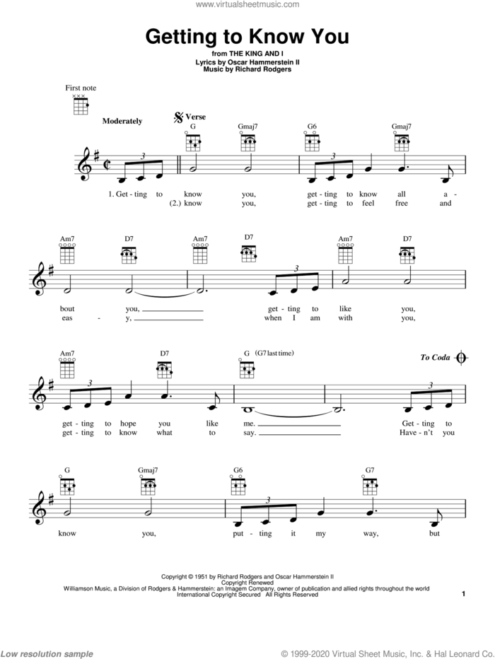 Getting To Know You sheet music for ukulele by Rodgers & Hammerstein, The King And I (Musical), Oscar II Hammerstein and Richard Rodgers, intermediate skill level