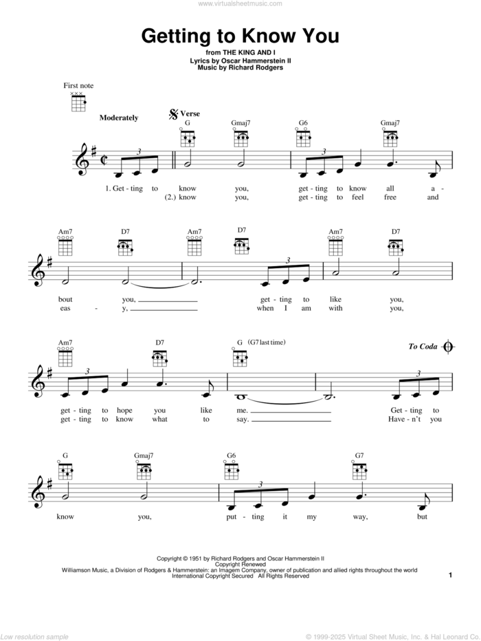 Getting To Know You sheet music for ukulele by Rodgers & Hammerstein, The King And I (Musical), Oscar II Hammerstein and Richard Rodgers, intermediate skill level