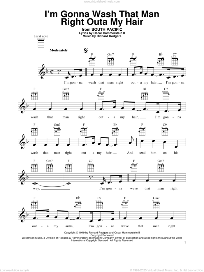 I'm Gonna Wash That Man Right Outa My Hair sheet music for ukulele by Rodgers & Hammerstein, South Pacific (Musical), Oscar II Hammerstein and Richard Rodgers, intermediate skill level