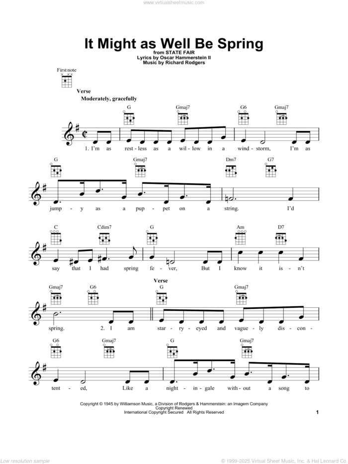 It Might As Well Be Spring sheet music for ukulele by Rodgers & Hammerstein, State Fair (Musical), Oscar II Hammerstein and Richard Rodgers, intermediate skill level