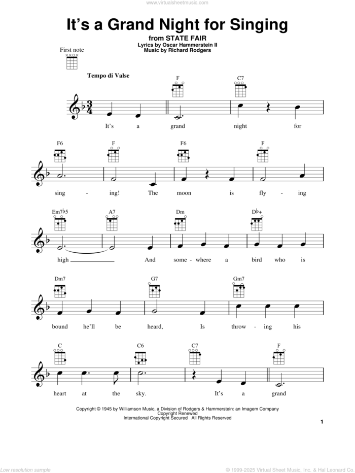 It's A Grand Night For Singing sheet music for ukulele by Rodgers & Hammerstein, State Fair (Musical), Oscar II Hammerstein and Richard Rodgers, intermediate skill level