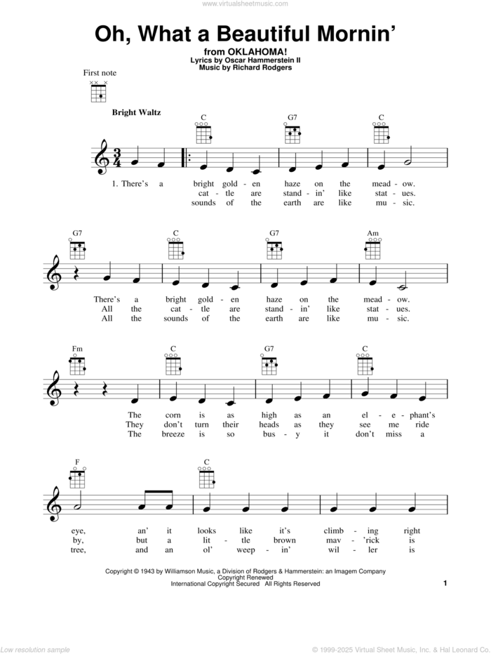 Oh, What A Beautiful Mornin' (from Oklahoma!) sheet music for ukulele by Rodgers & Hammerstein, Oklahoma! (Musical), Oscar II Hammerstein and Richard Rodgers, intermediate skill level