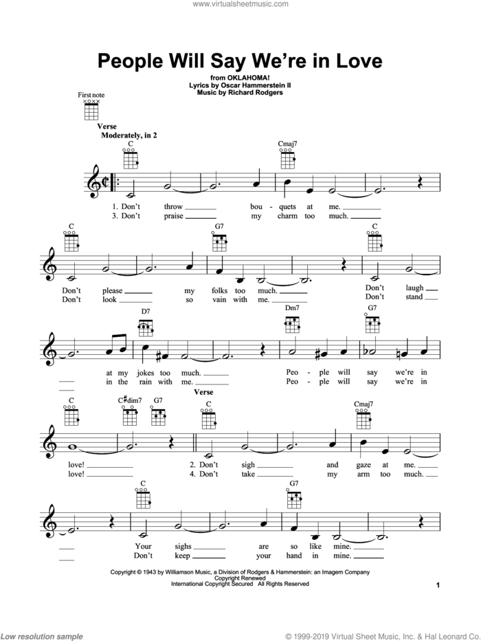 People Will Say We're In Love (from Oklahoma!) sheet music for ukulele by Rodgers & Hammerstein, Oklahoma! (Musical), Oscar II Hammerstein and Richard Rodgers, intermediate skill level