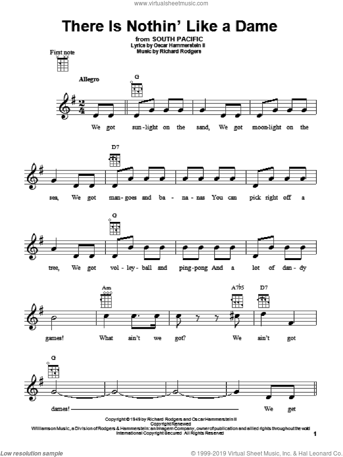 There Is Nothin' Like A Dame sheet music for ukulele by Rodgers & Hammerstein, South Pacific (Musical), Oscar II Hammerstein and Richard Rodgers, intermediate skill level