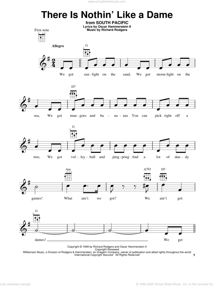 There Is Nothin' Like A Dame sheet music for ukulele by Rodgers & Hammerstein, South Pacific (Musical), Oscar II Hammerstein and Richard Rodgers, intermediate skill level