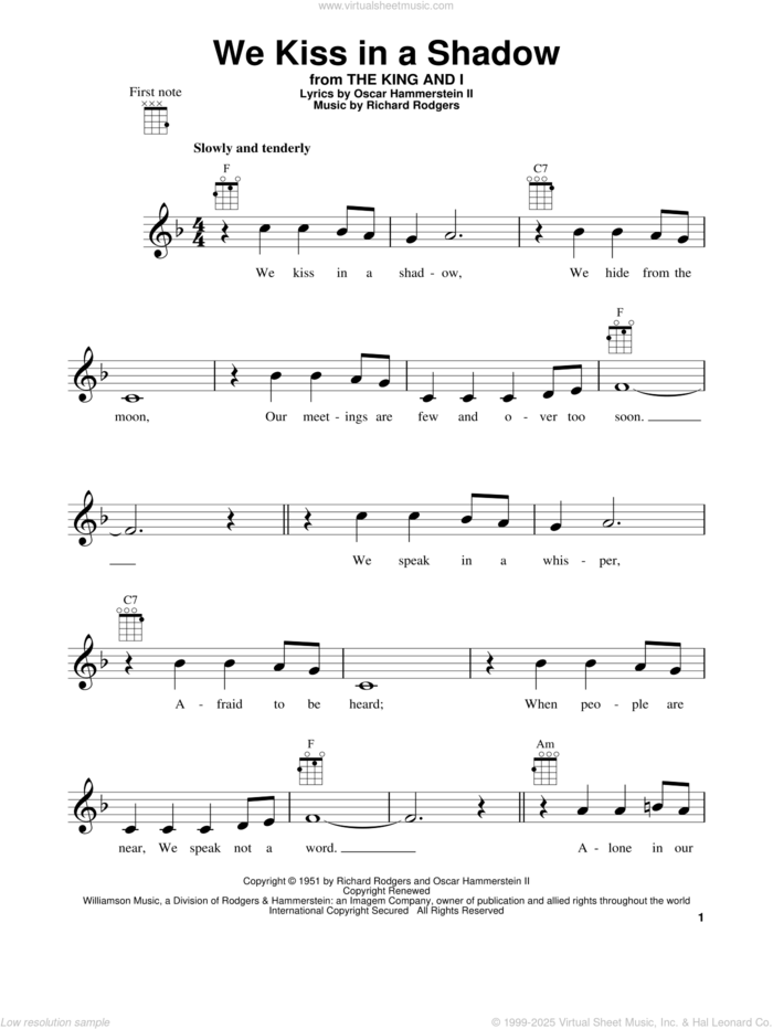 We Kiss In A Shadow sheet music for ukulele by Rodgers & Hammerstein, The King And I (Musical), Oscar II Hammerstein and Richard Rodgers, intermediate skill level