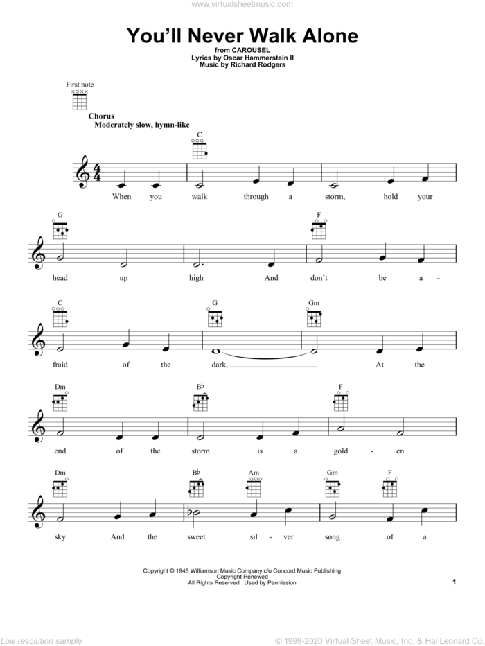 You'll Never Walk Alone (from Carousel) sheet music for ukulele by Rodgers & Hammerstein, Carousel (Musical), Oscar II Hammerstein and Richard Rodgers, intermediate skill level