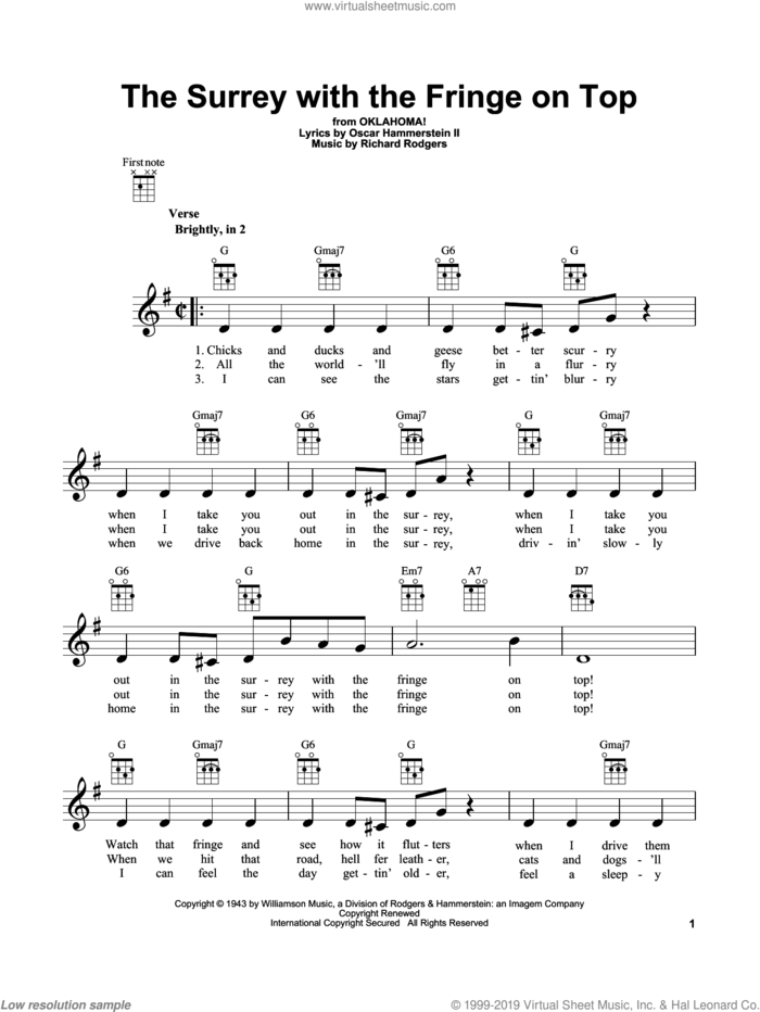 The Surrey With The Fringe On Top (from Oklahoma!) sheet music for ukulele by Rodgers & Hammerstein, Oklahoma! (Musical), Oscar II Hammerstein and Richard Rodgers, intermediate skill level