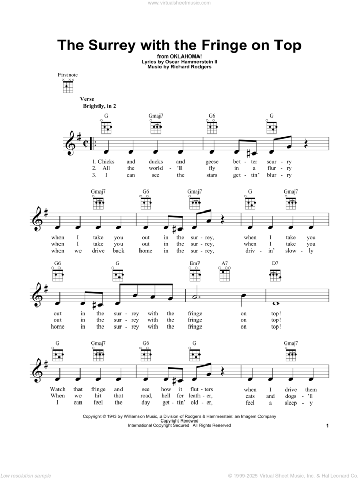 The Surrey With The Fringe On Top (from Oklahoma!) sheet music for ukulele by Rodgers & Hammerstein, Oklahoma! (Musical), Oscar II Hammerstein and Richard Rodgers, intermediate skill level