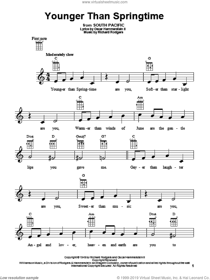 Younger Than Springtime sheet music for ukulele by Rodgers & Hammerstein, South Pacific (Musical), Stan Kenton, Oscar II Hammerstein and Richard Rodgers, intermediate skill level