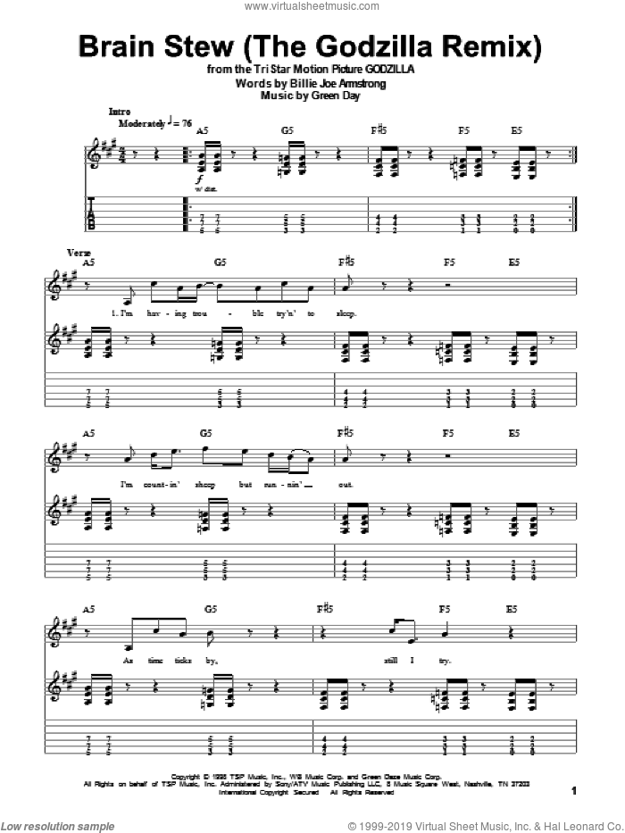 Brain Stew (The Godzilla Remix) sheet music for guitar (tablature, play-along) by Green Day and Billie Joe Armstrong, intermediate skill level