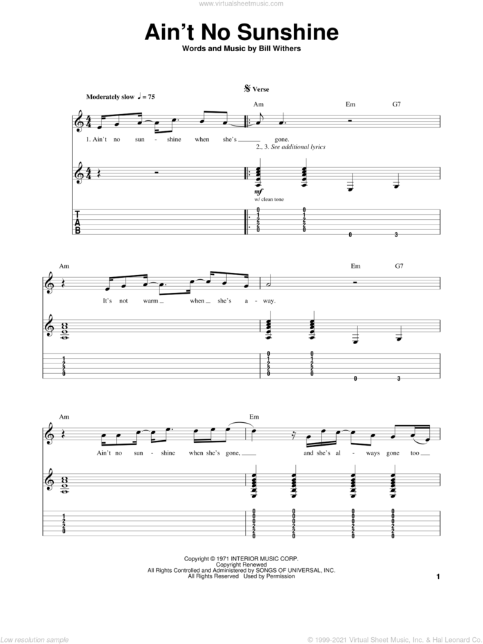 Ain't No Sunshine sheet music for guitar (tablature, play-along) by Bill Withers and Kris Allen, intermediate skill level