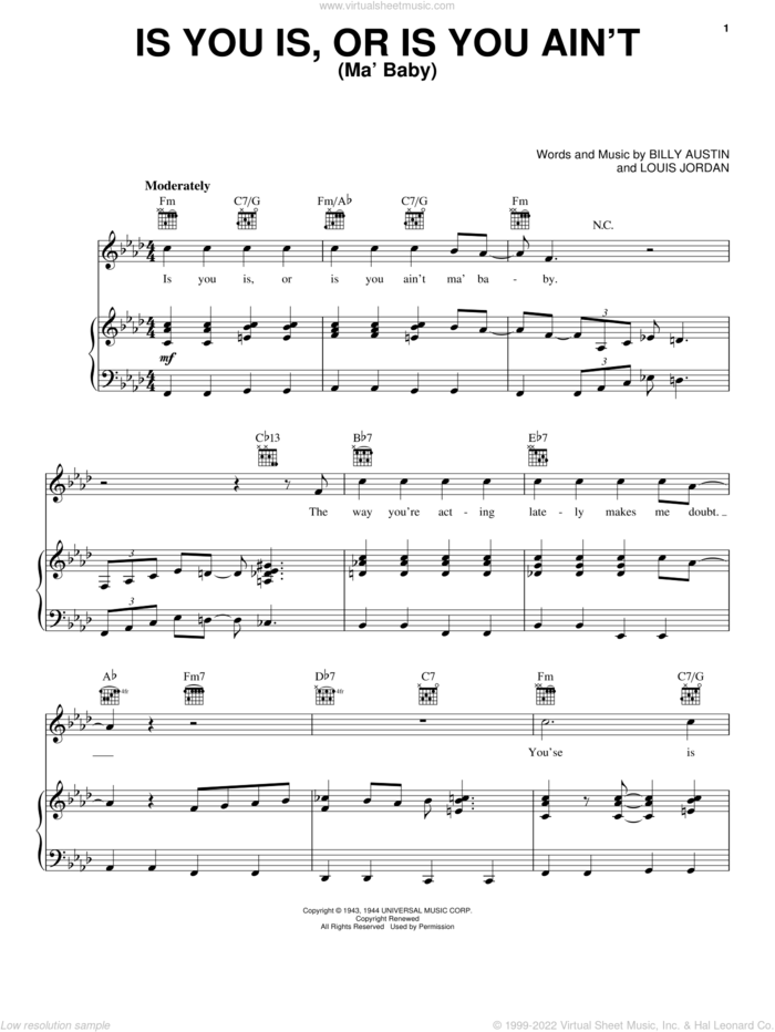 Is You Is, Or Is You Ain't (Ma' Baby) sheet music for voice, piano or guitar by Louis Jordan, Bing Crosby, Dinah Washington, The Andrews Sisters and Billy Austin, intermediate skill level