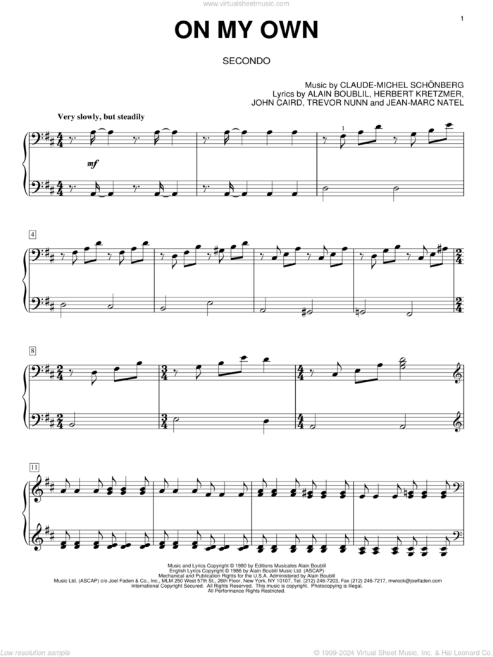 On My Own (from Les Miserables) sheet music for piano four hands by Alain Boublil, Les Miserables (Musical), Claude-Michel Schonberg, Herbert Kretzmer, Jean-Marc Natel, John Caird and Trevor Nunn, intermediate skill level