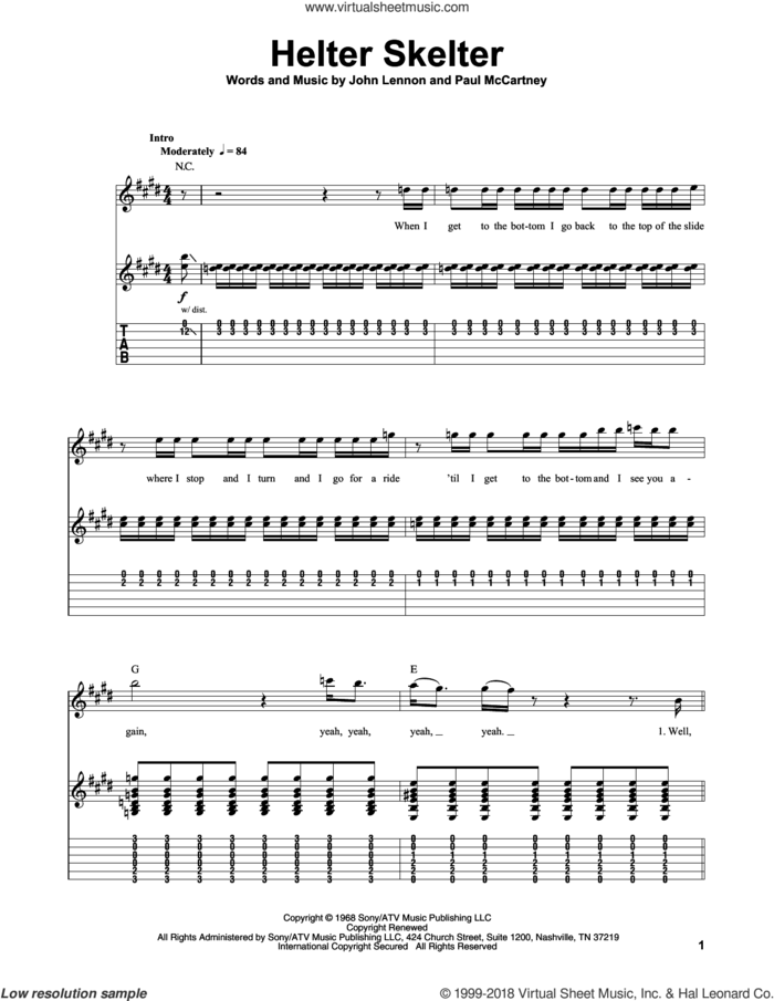 Helter Skelter sheet music for guitar (tablature, play-along) by The Beatles, Motley Crue, John Lennon and Paul McCartney, intermediate skill level