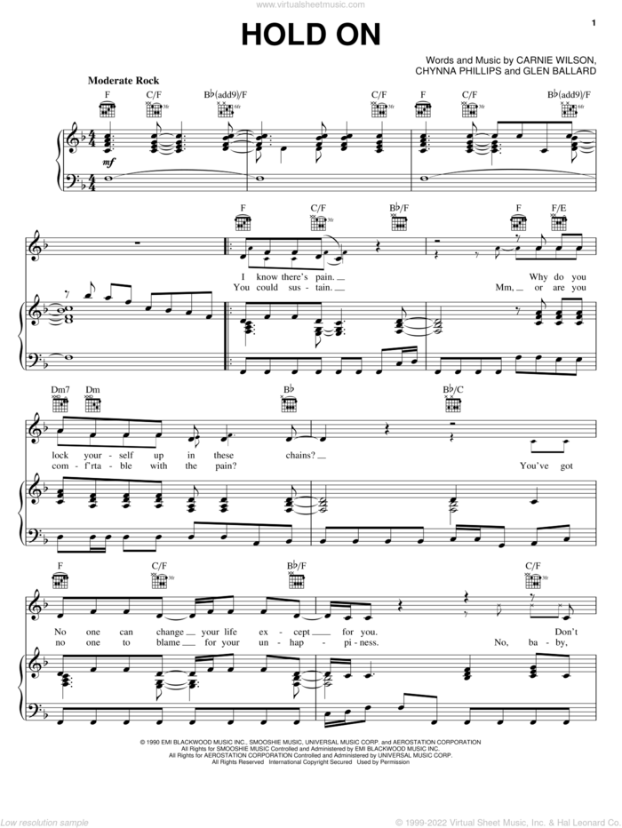 Hold On sheet music for voice, piano or guitar by Wilson Phillips, Carnie Wilson, Chynna Phillips and Glen Ballard, intermediate skill level