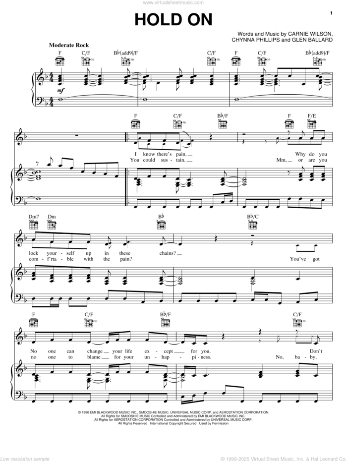 Hold On sheet music for voice, piano or guitar by Wilson Phillips, Carnie Wilson, Chynna Phillips and Glen Ballard, intermediate skill level