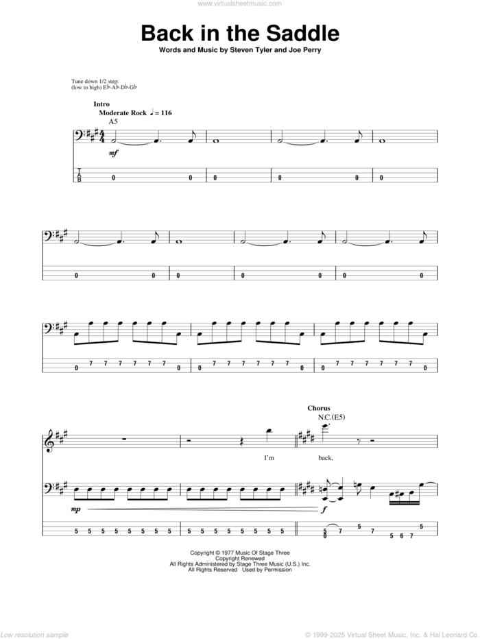 Back In The Saddle sheet music for bass (tablature) (bass guitar) by Aerosmith, Joe Perry and Steven Tyler, intermediate skill level