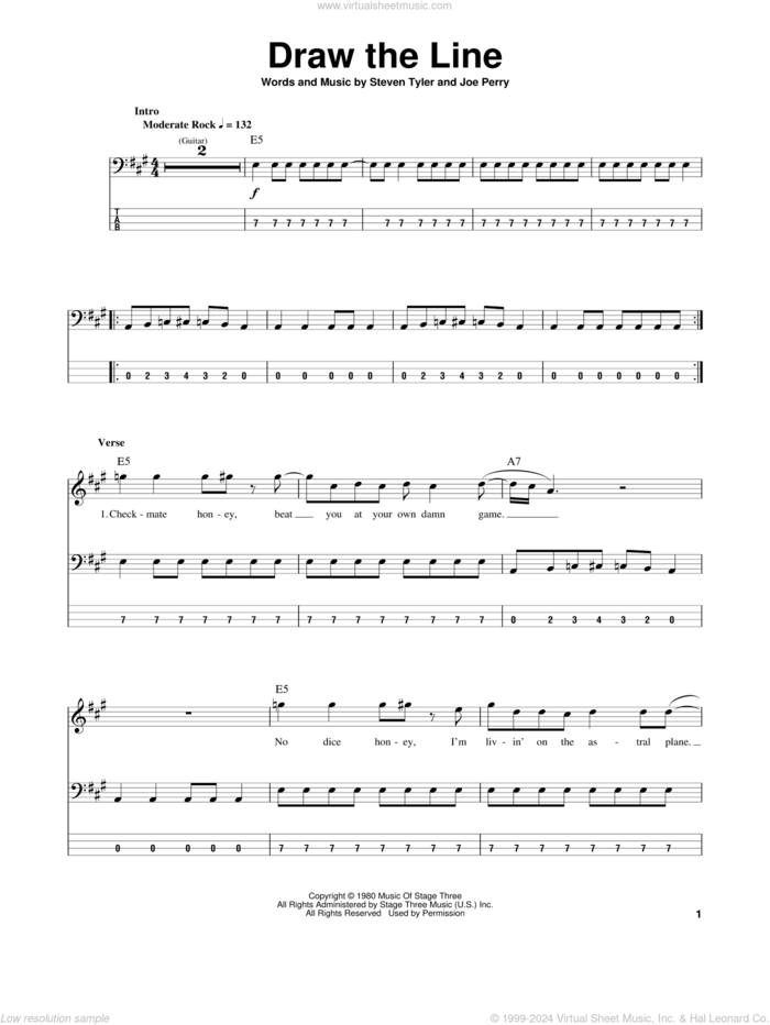 Draw The Line sheet music for bass (tablature) (bass guitar) by Aerosmith, Joe Perry and Steven Tyler, intermediate skill level