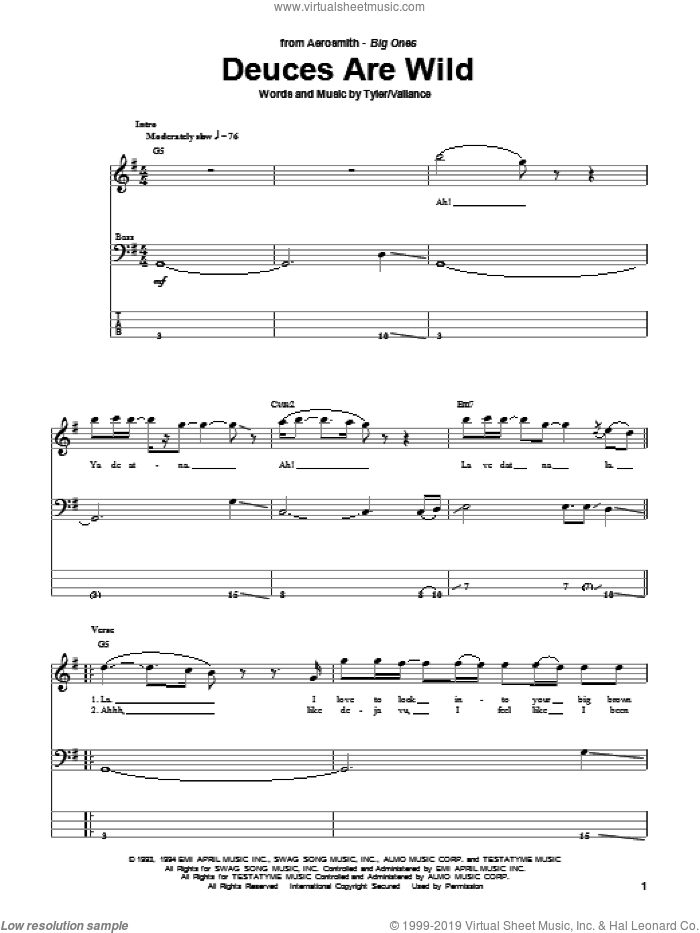 Deuces Are Wild sheet music for bass (tablature) (bass guitar) by Aerosmith, Jim Vallance and Steven Tyler, intermediate skill level