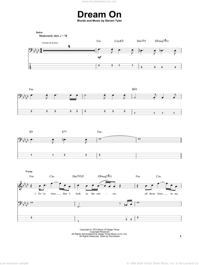 Dream On sheet music for bass (tablature) (bass guitar) by Aerosmith and Steven Tyler, intermediate skill level