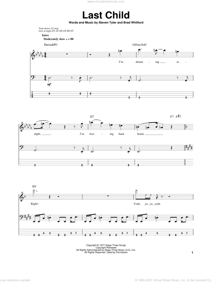 Last Child sheet music for bass (tablature) (bass guitar) by Aerosmith, Brad Whitford and Steven Tyler, intermediate skill level