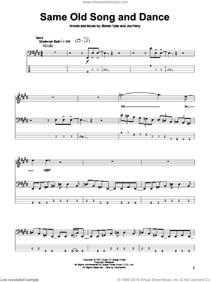 Same Old Song And Dance sheet music for bass (tablature) (bass guitar) by Aerosmith, Joe Perry and Steven Tyler, intermediate skill level