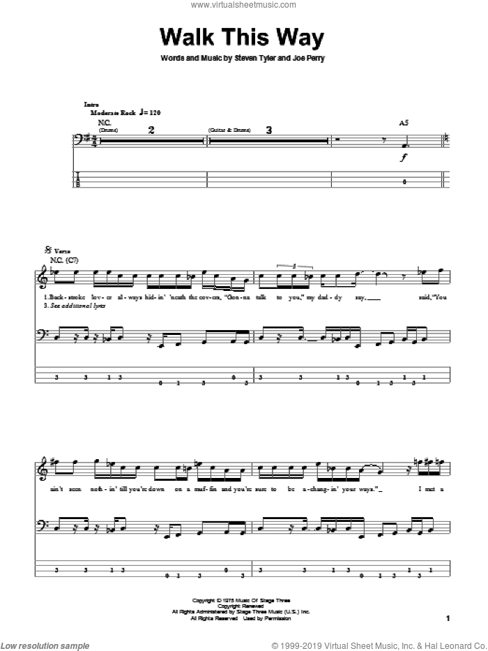 Walk This Way sheet music for bass (tablature) (bass guitar) by Aerosmith, Run D.M.C., Joe Perry and Steven Tyler, intermediate skill level