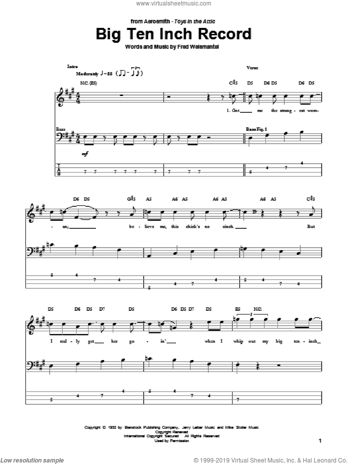 Big Ten Inch Record sheet music for bass (tablature) (bass guitar) by Aerosmith and Fred Weismantel, intermediate skill level