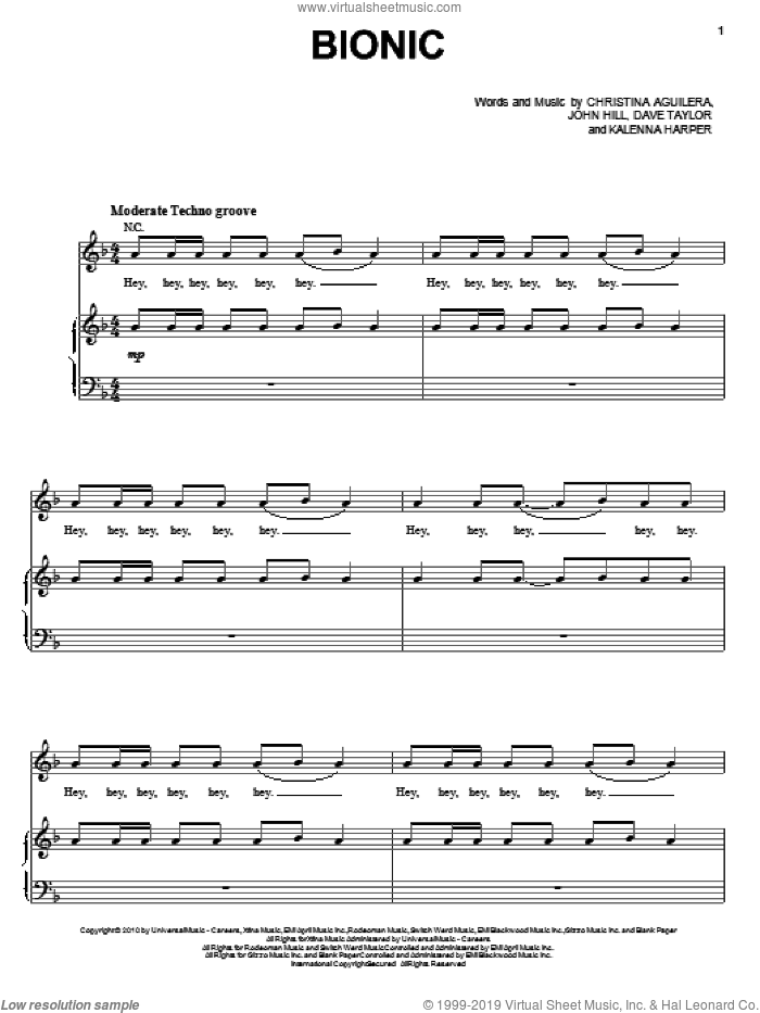 Bionic sheet music for voice, piano or guitar by Christina Aguilera, Dave Taylor, John Hill and Kalenna Harper, intermediate skill level