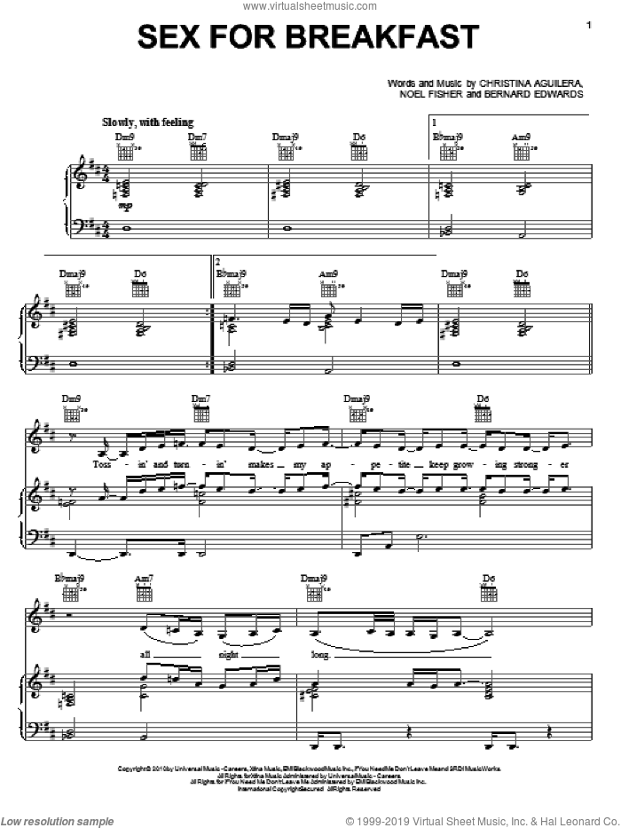 Sex For Breakfast sheet music for voice, piano or guitar by Christina Aguilera, Bernard Edwards and Noel Fisher, intermediate skill level