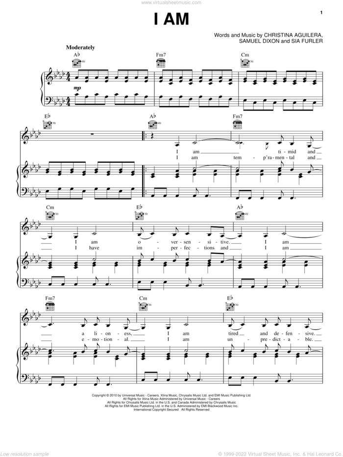 I Am sheet music for voice, piano or guitar by Christina Aguilera, Samuel Dixon and Sia Furler, intermediate skill level