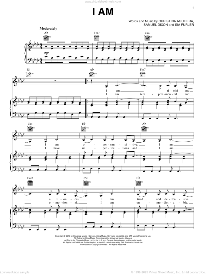 I Am sheet music for voice, piano or guitar by Christina Aguilera, Samuel Dixon and Sia Furler, intermediate skill level