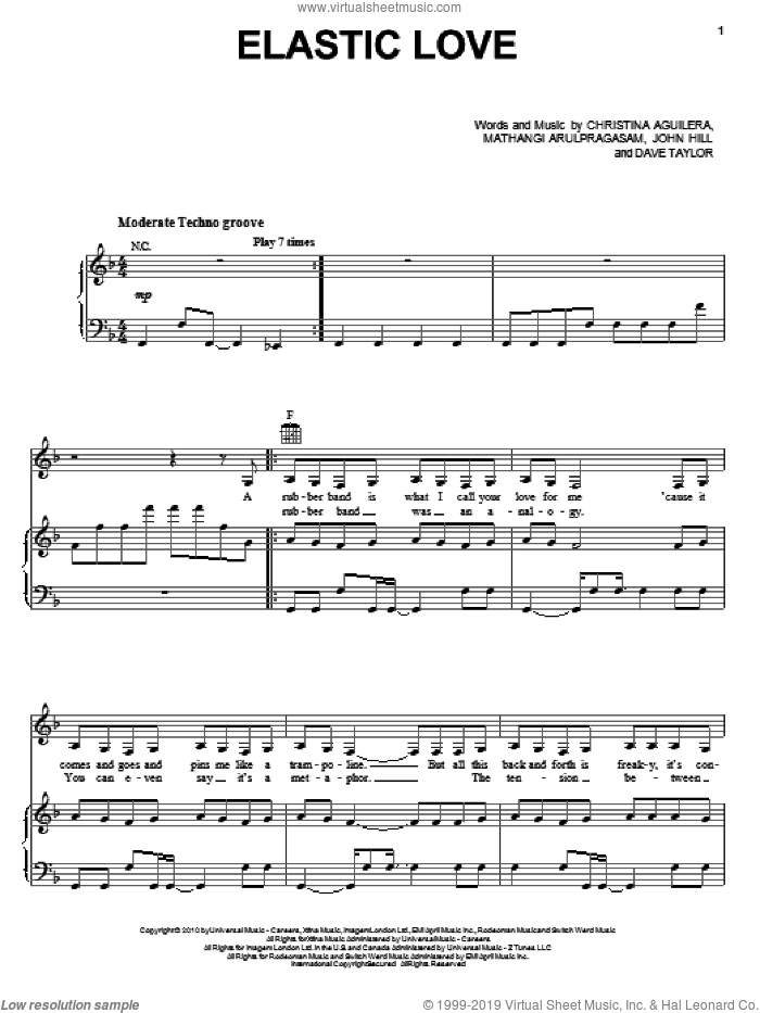 Elastic Love sheet music for voice, piano or guitar by Christina Aguilera, Dave Taylor, John Hill and Mathangi Arulpragasam, intermediate skill level