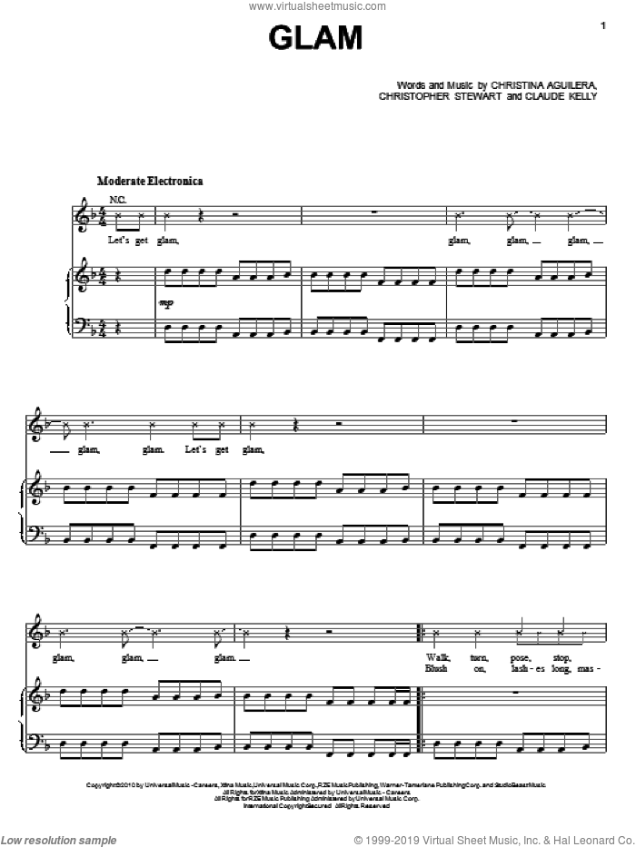 Glam sheet music for voice, piano or guitar by Christina Aguilera, Christopher Stewart and Claude Kelly, intermediate skill level