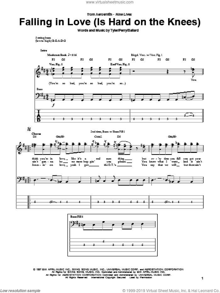 Falling In Love (Is Hard On The Knees) sheet music for bass (tablature) (bass guitar) by Aerosmith, Glen Ballard, Joe Perry and Steven Tyler, intermediate skill level