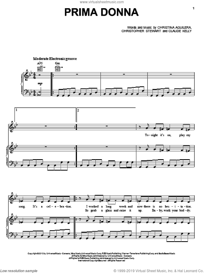 Prima Donna sheet music for voice, piano or guitar by Christina Aguilera, Christopher Stewart and Claude Kelly, intermediate skill level