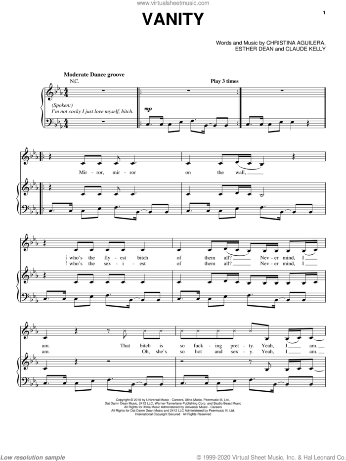 Vanity sheet music for voice, piano or guitar by Christina Aguilera, Claude Kelly and Ester Dean, intermediate skill level