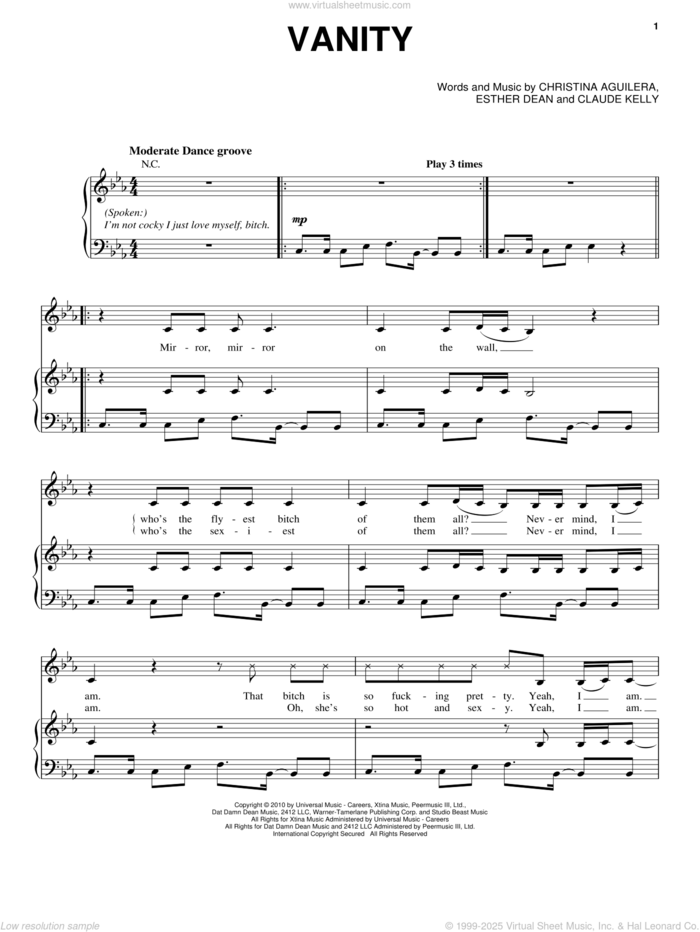 Vanity sheet music for voice, piano or guitar by Christina Aguilera, Claude Kelly and Ester Dean, intermediate skill level