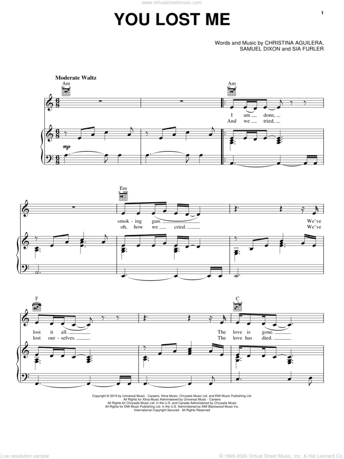 You Lost Me sheet music for voice, piano or guitar by Christina Aguilera, Samuel Dixon and Sia Furler, intermediate skill level