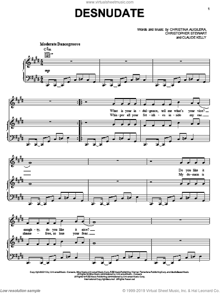 Desnudate sheet music for voice, piano or guitar by Christina Aguilera, Christopher Stewart and Claude Kelly, intermediate skill level