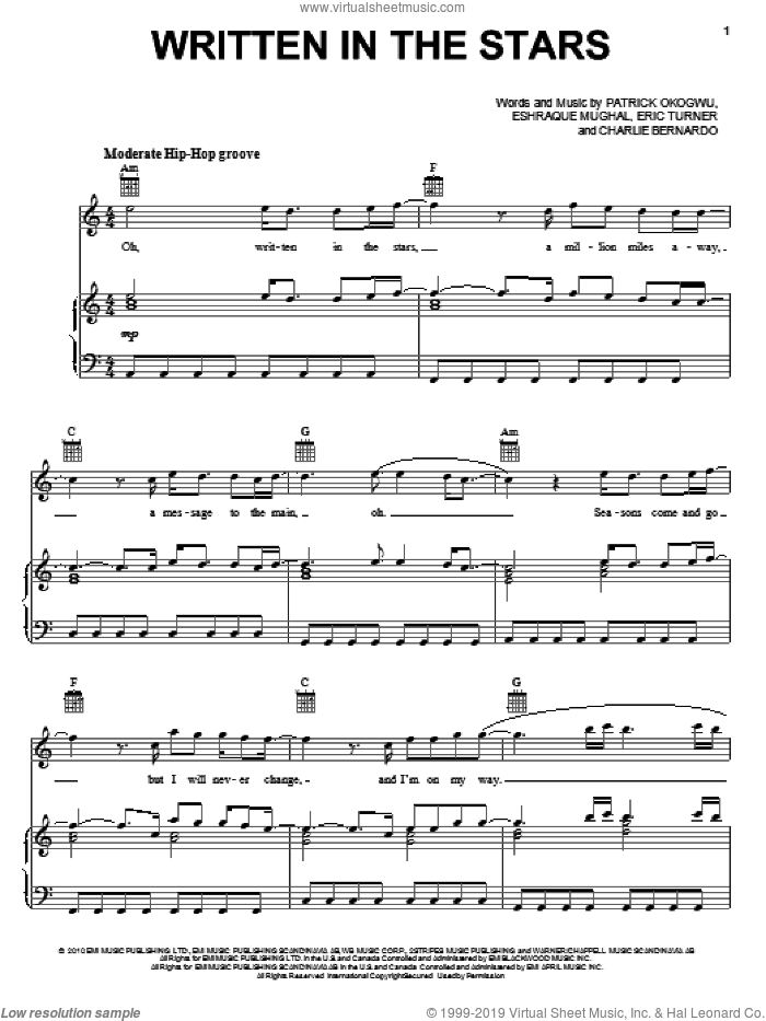 Written In The Stars sheet music for voice, piano or guitar by Tinie Tempah featuring Eric Turner, Tinie Tempah, Charlie Bernardo, Eric Turner, Eshraque Mughal and Patrick Okogwu, intermediate skill level