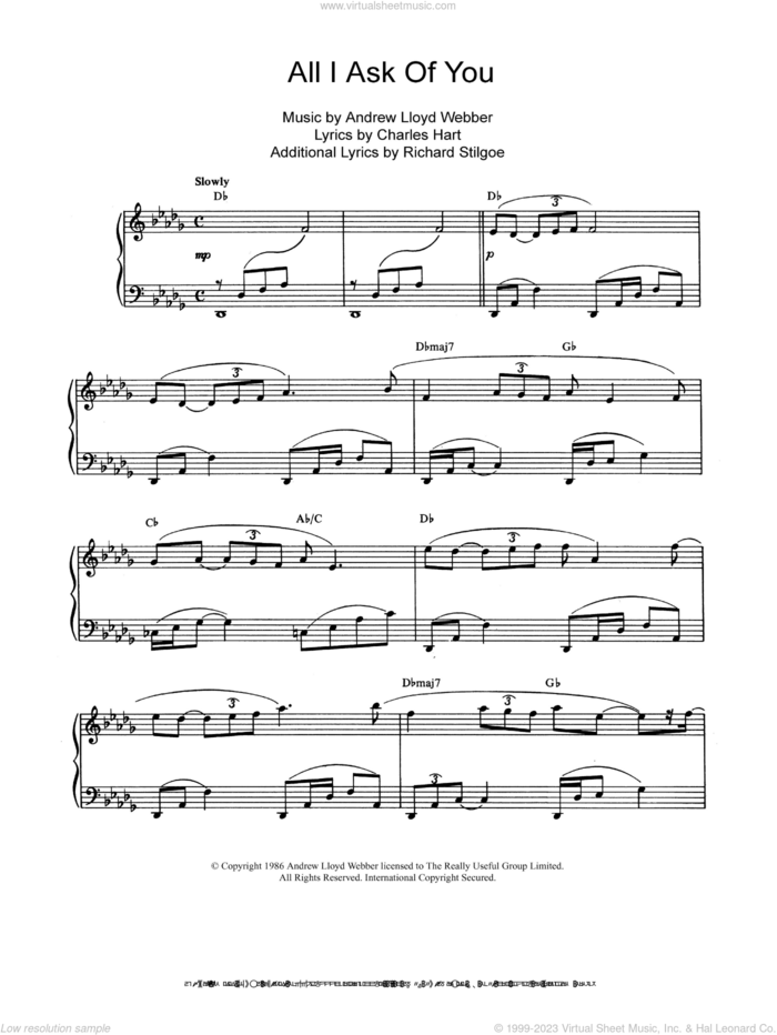 All I Ask Of You (from The Phantom Of The Opera), (intermediate) (from The Phantom Of The Opera) sheet music for piano solo by Andrew Lloyd Webber, Charles Hart and Richard Stilgoe, wedding score, intermediate skill level
