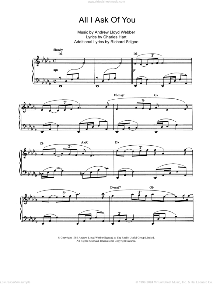 All I Ask Of You (from The Phantom Of The Opera), (intermediate) (from The Phantom Of The Opera) sheet music for piano solo by Andrew Lloyd Webber, Charles Hart and Richard Stilgoe, wedding score, intermediate skill level